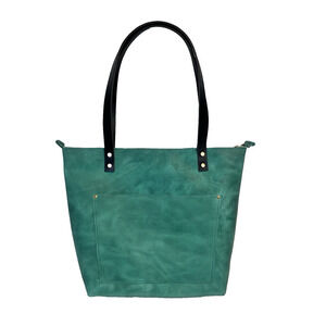 Portland Leather Goods Green Black Leather Handbag Tote Zip Close Pockets 12x15"